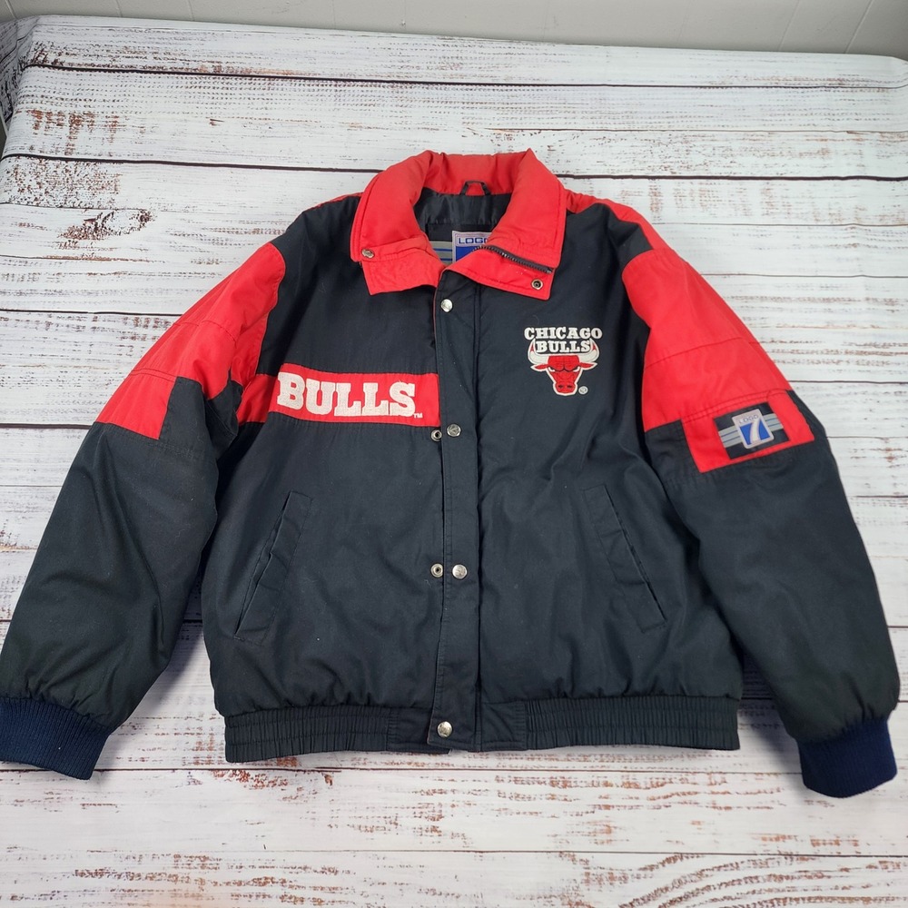 Vintage Logo 7 Chicago Bulls Puffer Jacket Men Medium NBA Colorblock 90's